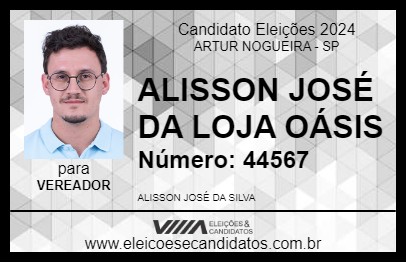 Candidato ALISSON JOSÉ DA LOJA OÁSIS 2024 - ARTUR NOGUEIRA - Eleições