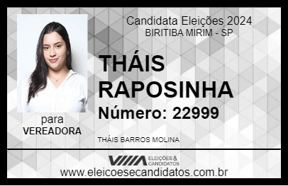 Candidato THÁIS RAPOSINHA 2024 - BIRITIBA MIRIM - Eleições