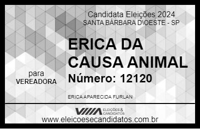 Candidato ERICA DA CAUSA ANIMAL 2024 - SANTA BÁRBARA D\OESTE - Eleições