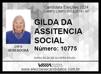 Candidato GILDA DA ASSITENCIA SOCIAL 2024 - CAMPO LIMPO PAULISTA - Eleições