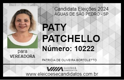 Candidato PATY PATCHELLO 2024 - ÁGUAS DE SÃO PEDRO - Eleições