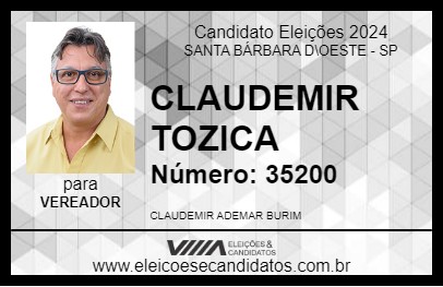 Candidato CLAUDEMIR TOZICA 2024 - SANTA BÁRBARA D\OESTE - Eleições