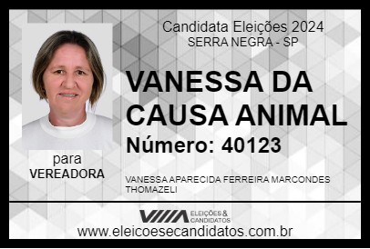 Candidato VANESSA DA CAUSA ANIMAL 2024 - SERRA NEGRA - Eleições