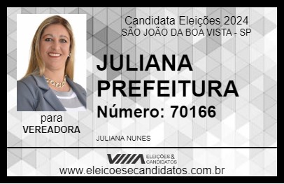 Candidato JULIANA PREFEITURA 2024 - SÃO JOÃO DA BOA VISTA - Eleições