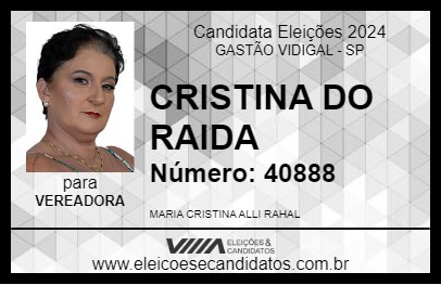 Candidato CRISTINA DO RAIDA 2024 - GASTÃO VIDIGAL - Eleições