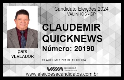 Candidato CLAUDEMIR QUICKNEWS 2024 - VALINHOS - Eleições