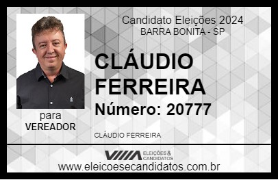 Candidato CLÁUDIO FERREIRA CARIOCA 2024 - BARRA BONITA - Eleições