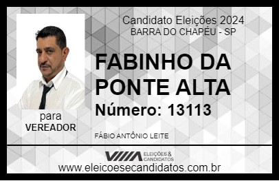 Candidato FABINHO DA PONTE ALTA 2024 - BARRA DO CHAPÉU - Eleições