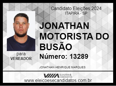 Candidato JONATHAN MOTORISTA DO BUSÃO 2024 - ITAPIRA - Eleições