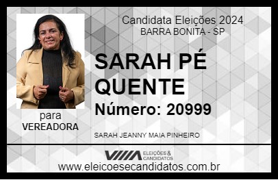 Candidato SARAH PÉ QUENTE 2024 - BARRA BONITA - Eleições