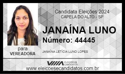 Candidato JANAÍNA LUNO 2024 - CAPELA DO ALTO - Eleições