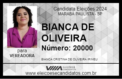 Candidato BIANCA DE OLIVEIRA 2024 - MARABÁ PAULISTA - Eleições