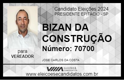 Candidato BIZAN DA CONSTRUÇÃO 2024 - PRESIDENTE EPITÁCIO - Eleições