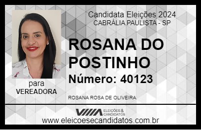 Candidato ROSANA ROSA DE OLIVEIRA 2024 - CABRÁLIA PAULISTA - Eleições