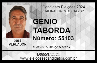 Candidato GENIO TABORDA 2024 - ITAPIRAPUÃ PAULISTA - Eleições