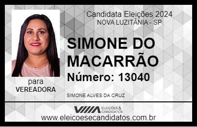 Candidato SIMONE DO MACARRÃO 2024 - NOVA LUZITÂNIA - Eleições