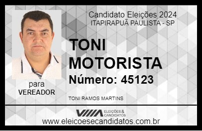 Candidato TONI MOTORISTA 2024 - ITAPIRAPUÃ PAULISTA - Eleições