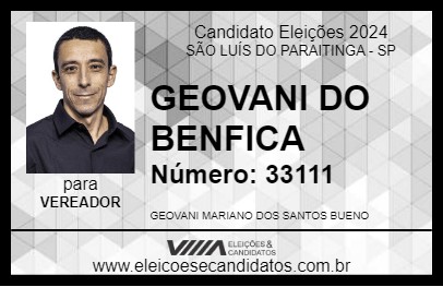 Candidato GEOVANI DO BENFICA 2024 - SÃO LUÍS DO PARAITINGA - Eleições