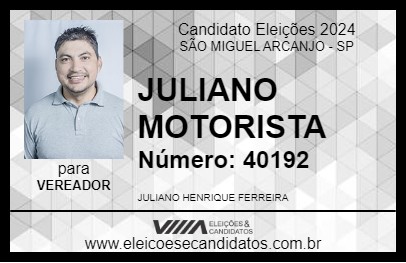 Candidato JULIANO MOTORISTA 2024 - SÃO MIGUEL ARCANJO - Eleições