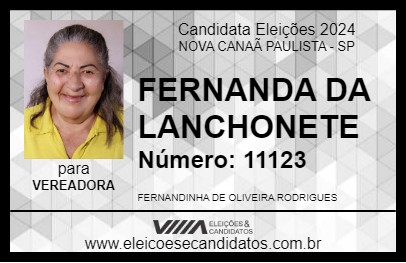 Candidato FERNANDA DA LANCHONETE 2024 - NOVA CANAÃ PAULISTA - Eleições