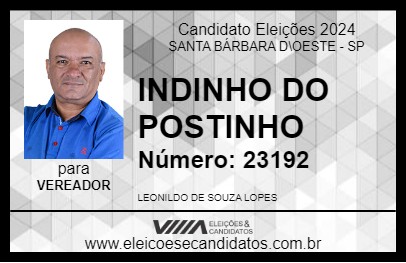 Candidato INDINHO DO POSTINHO 2024 - SANTA BÁRBARA D\OESTE - Eleições