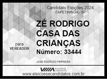 Candidato ZÉ RODRIGO CASA DAS CRIANÇAS 2024 - ITAPETININGA - Eleições