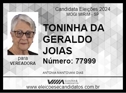 Candidato TONINHA DA GERALDO JOIAS 2024 - MOGI MIRIM - Eleições