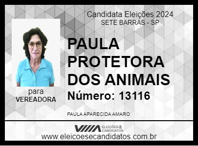 Candidato PAULA PROTETORA DOS ANIMAIS 2024 - SETE BARRAS - Eleições