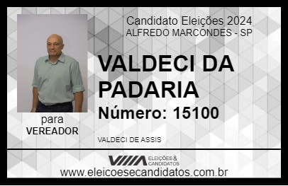 Candidato VALDECI DA PADARIA 2024 - ALFREDO MARCONDES - Eleições