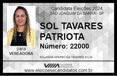 Candidato SOL TAVARES PATRIOTA 2024 - SÃO JOAQUIM DA BARRA - Eleições