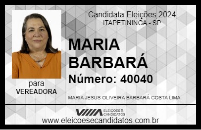 Candidato MARIA BARBARÁ 2024 - ITAPETININGA - Eleições