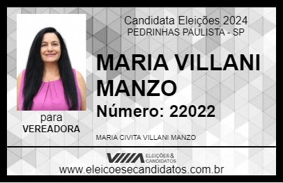 Candidato MARIA VILLANI MANZO 2024 - PEDRINHAS PAULISTA - Eleições