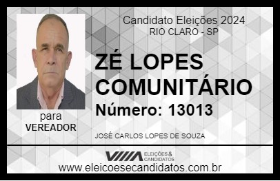 Candidato ZÉ LOPES COMUNITÁRIO 2024 - RIO CLARO - Eleições