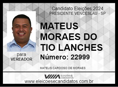 Candidato MATEUS MORAES DO TIO LANCHES 2024 - PRESIDENTE VENCESLAU - Eleições