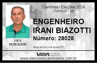 Candidato ENGENHEIRO IRANI BIAZOTTI 2024 - ITÁPOLIS - Eleições