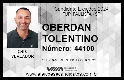 Candidato OBERDAN TOLENTINO 2024 - TUPI PAULISTA - Eleições