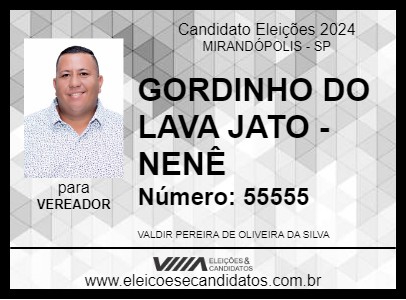 Candidato GORDINHO DO LAVA JATO - NENÊ 2024 - MIRANDÓPOLIS - Eleições