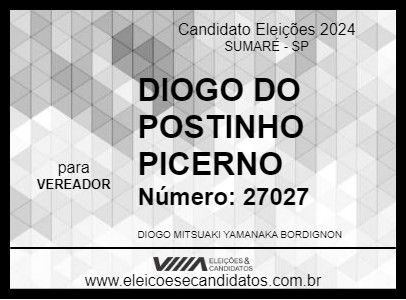 Candidato DIOGO BORDIGNON DO PICERNO 2024 - SUMARÉ - Eleições