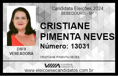 Candidato CRISTIANE PIMENTA NEVES 2024 - BEBEDOURO - Eleições