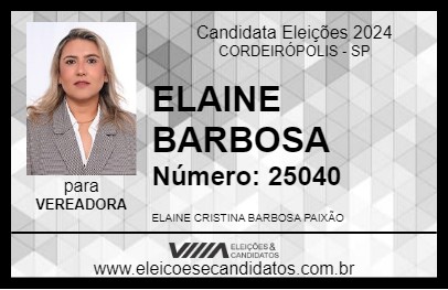 Candidato ELAINE BARBOSA 2024 - CORDEIRÓPOLIS - Eleições