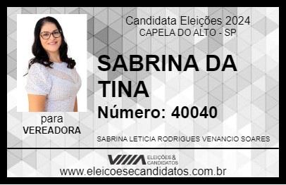 Candidato SABRINA DA TINA 2024 - CAPELA DO ALTO - Eleições