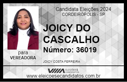 Candidato JOICY DO CASCALHO 2024 - CORDEIRÓPOLIS - Eleições