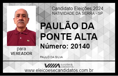 Candidato PAULÃO DA PONTE ALTA 2024 - NATIVIDADE DA SERRA - Eleições