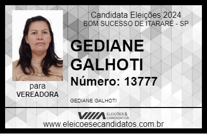 Candidato GEDIANE GALHOTI 2024 - BOM SUCESSO DE ITARARÉ - Eleições