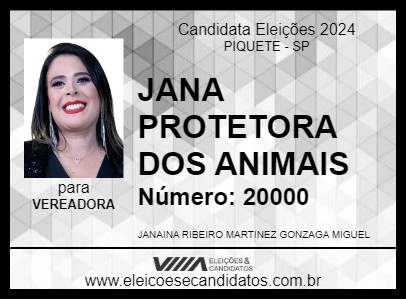 Candidato JANA PROTETORA DOS ANIMAIS 2024 - PIQUETE - Eleições