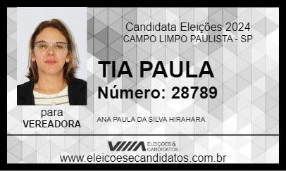 Candidato TIA PAULA 2024 - CAMPO LIMPO PAULISTA - Eleições