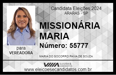 Candidato MISSIONÁRIA MARIA DO SOCORRO 2024 - ARARAS - Eleições