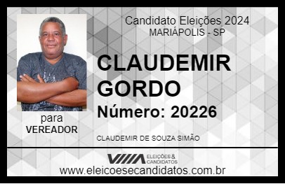 Candidato CLAUDEMIR GORDO 2024 - MARIÁPOLIS - Eleições