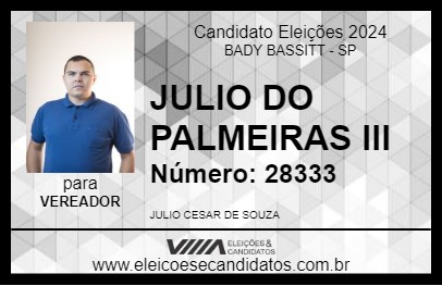 Candidato JULIO DO PALMEIRAS III 2024 - BADY BASSITT - Eleições