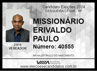 Candidato MISSIONÁRIO ERIVALDO PAULO 2024 - CERQUEIRA CÉSAR - Eleições